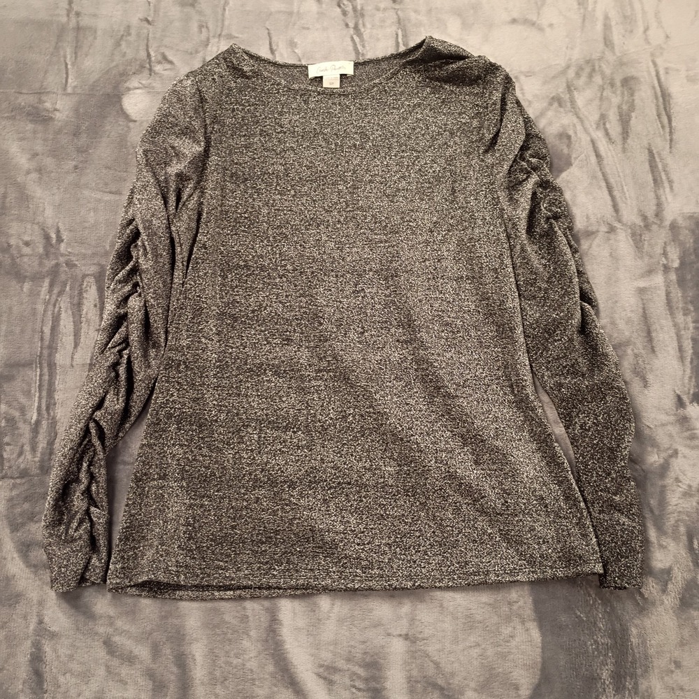 Charlie Paige Shimmer Blouse Top Womens Small Gray Ruched Long Sleeve Pullover